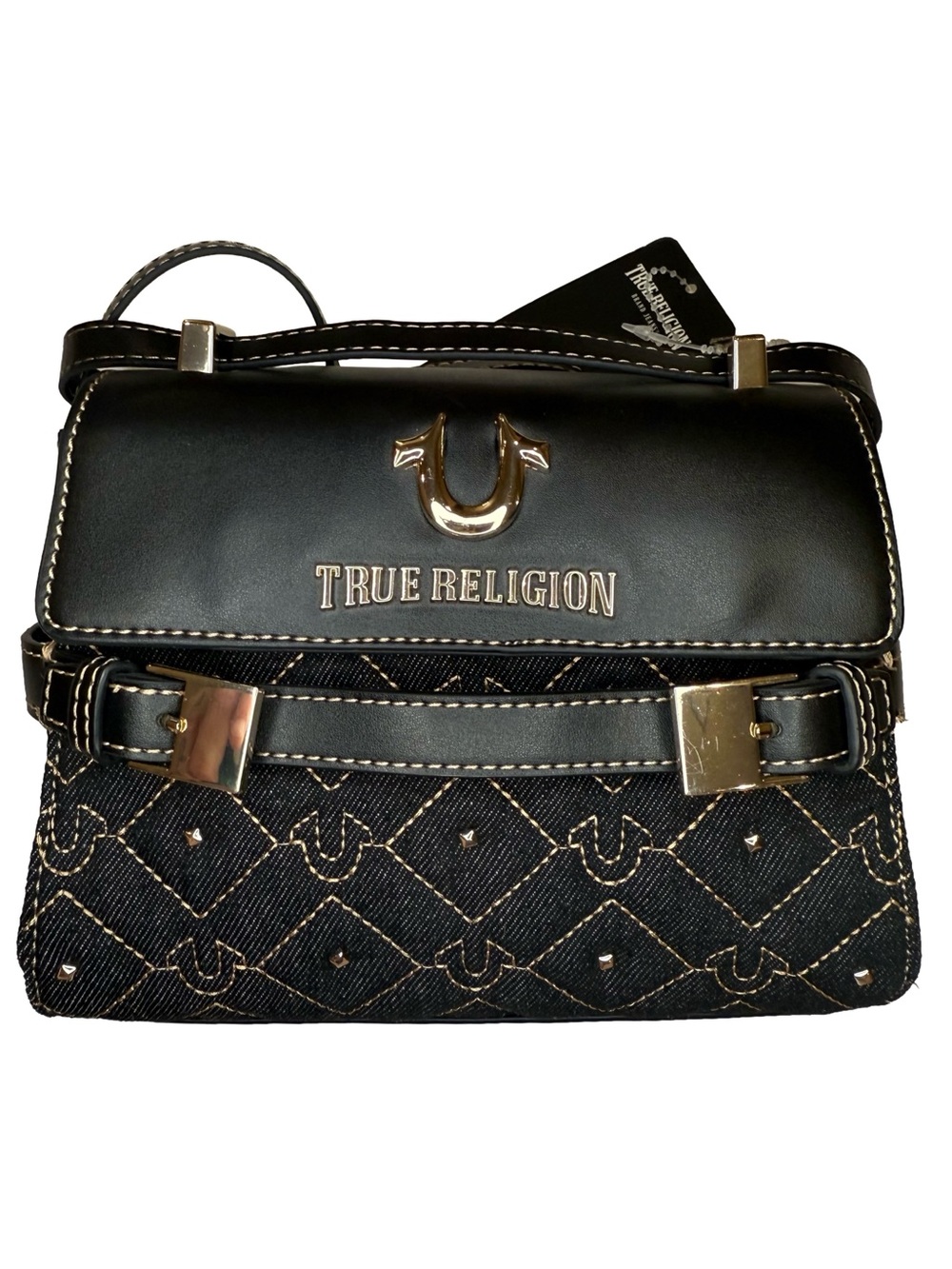 True Religion Quilted Denim Faux Leather Flap Crossbody Bag Horseshoe NWT Black